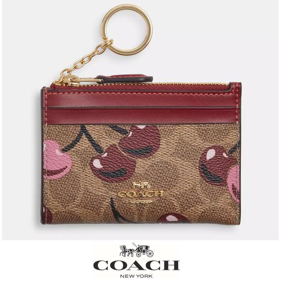 🍒 Coach Mini Skinny Id Case In Signature Canvas With Cherry Print - Picture 1 of 12